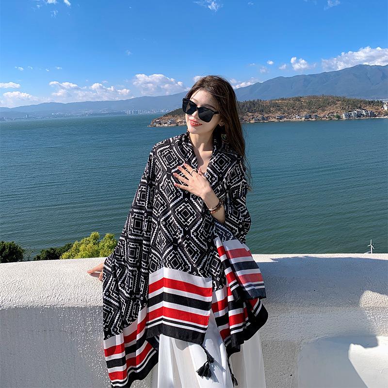 Summer cotton and linen feel scarf travel silk scarf sun protection air conditioner large shawl women's beach towel ethnic style scarf