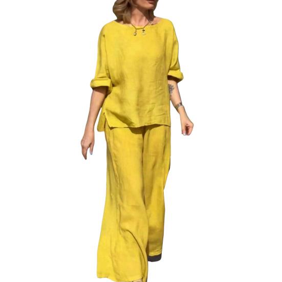 2Pcs/Set Women Casual Outfit O-neck Long Sleeve Tops Elastic Waist Wide Leg Long Pants Set Solid Color Loungewear