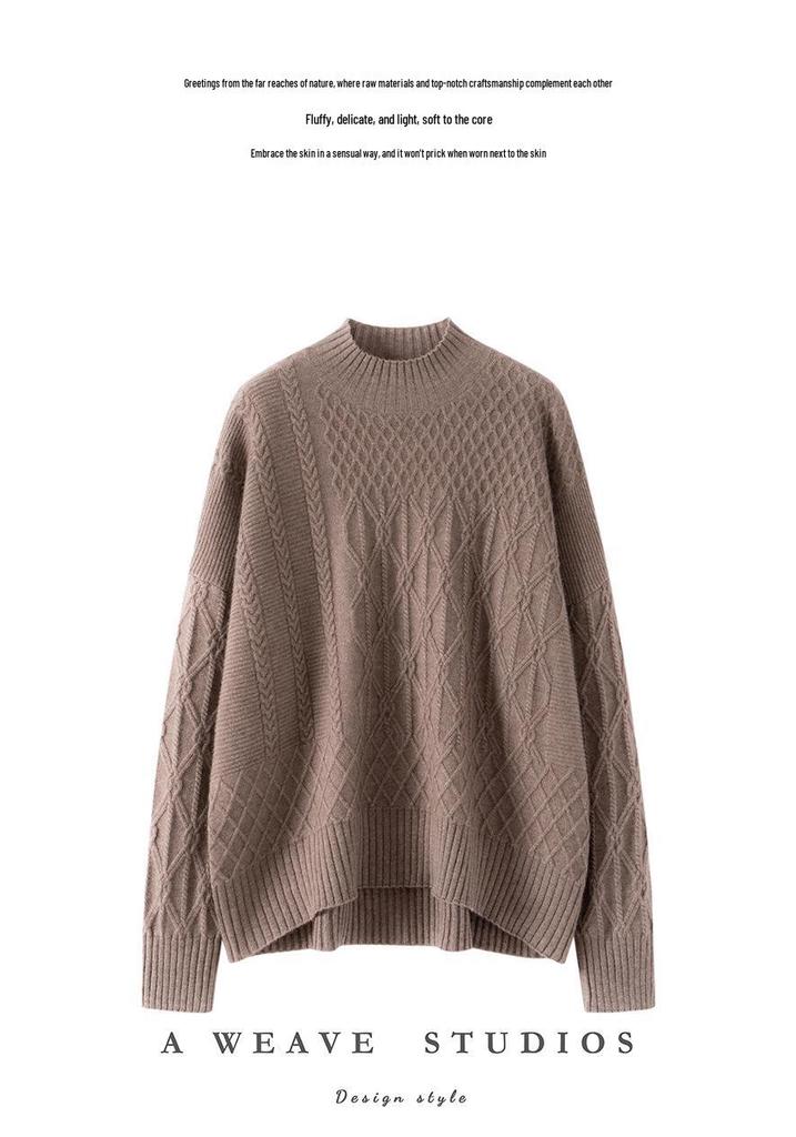 Women's Cashmere Cable Knit Sweater: Warm, Thickened Pullover with Half-High Neck for Autumn & Winter