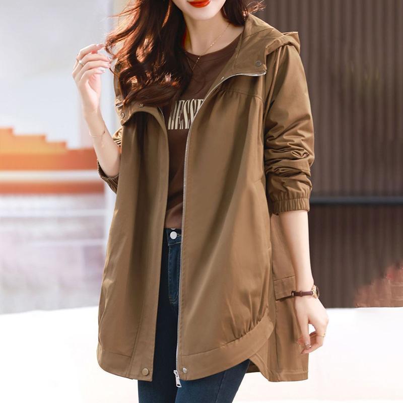 Ветровка с капюшоном, женская весенне-осенняя куртка большого размера, свободная повседневная универсальная куртка средней длины, женское пальто