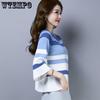 Summer Ice Silk Knitted T-shirt for Women Loose Seven Quarter Sleeves Contrasting Stripes Flared Sleeve Thin Top
