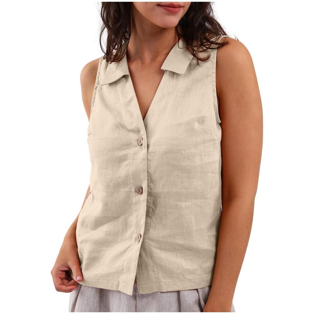 Women's Fashion Loose Solid Color Cotton And Linen Buttoned Lapel Vest Casual Shirt Top