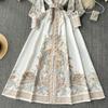 Hikigawa Chic Fashion Women Elegant Stand Collar Belted Slim Waist Dresses Vintage Single Breasted Print Vestidos Mujer