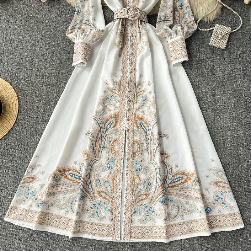 Hikigawa Chic Fashion Women Elegant Stand Collar Belted Slim Waist Dresses Vintage Single Breasted Print Vestidos Mujer