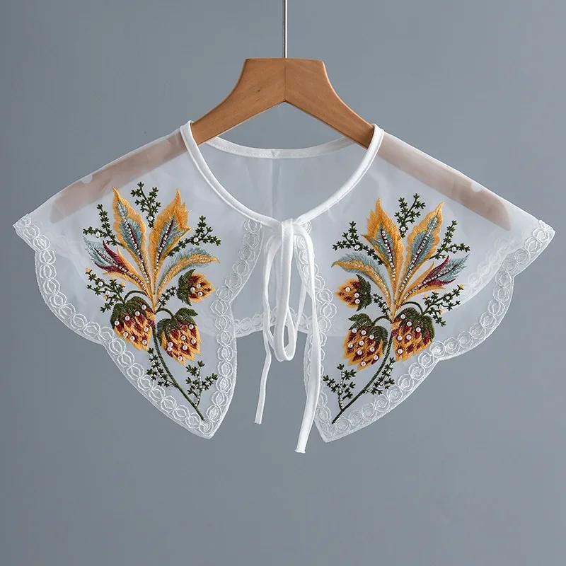 Korean Summer Floral Embroider Fake Collar Neck Guard Scarf Female Shoulder Wraps Cape Removable Shirt Detachable Collar