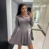 Женское осеннее однотонное облегающее короткое платье с длинным рукавом и воротником