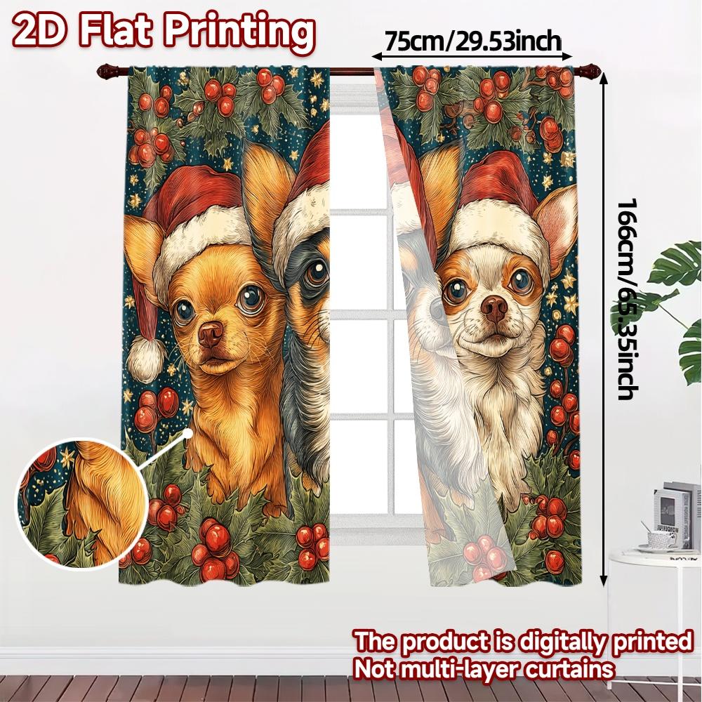 2D Flat Printing  JIT 2pcs   Curtains (Without Rod) Festive Pups Sleigh Popular Curtains Digital Printed Versatile 100% Polyester