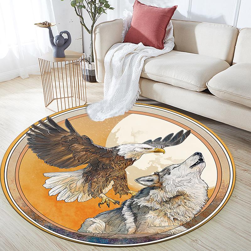 Eagle Wolf Round Area Rug,Carpet Rug for Living Room Bedroom Sofa Playroom Decor,Non-slip Floor Mat