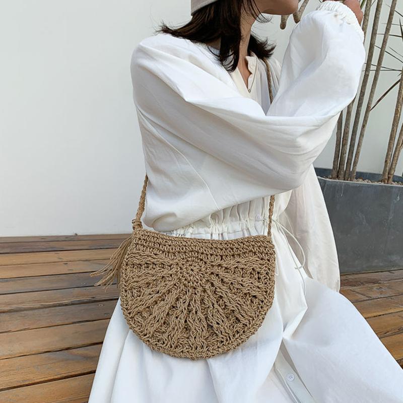 Yogodlns Тканые сумки через плечо в форме полумесяца, богемная соломенная сумка на плечо ручной работы, кошелек