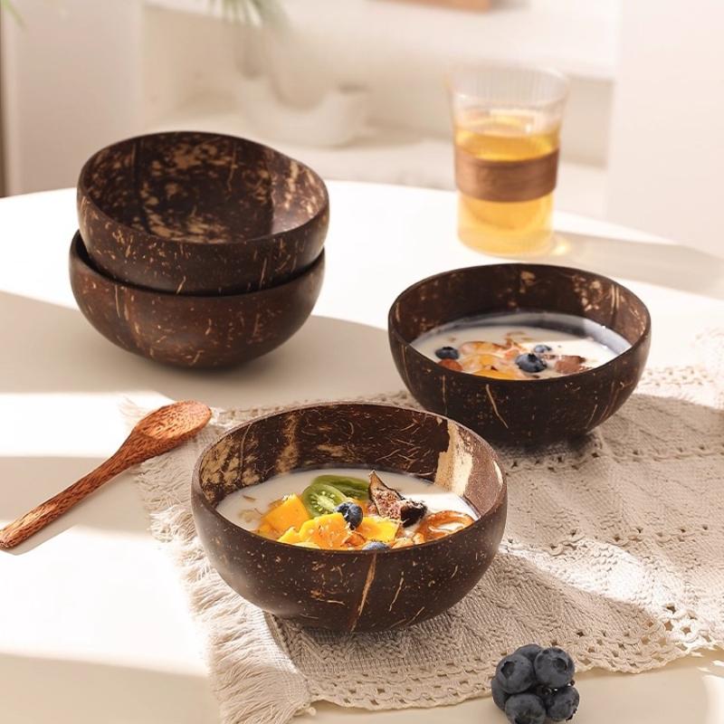 Natural Coconut Shell Bowl with Spoon Yogurt Dessert Sugar Water Bowl Fruit Salad Oatmeal Milkshake Light Eating Bowl