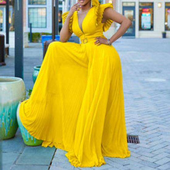 C8570 European & American Plus Size Women's 2024 Ruffle Tie Dress with Stacked Sleeves - Solid Color, Elegant Style.