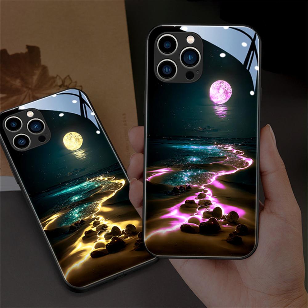 Luminous Phone Case Meteor Beach Luminous Glass LED Call Flash Phone Protective Case Suitable for IPhone