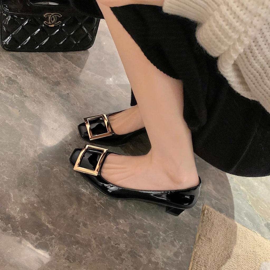 Classic Elephant Gray Square Buckle Single Shoes Women's Thick Heel Rv High Heels Thin Heel Square Head French Beautiful Temperament Commuter Su