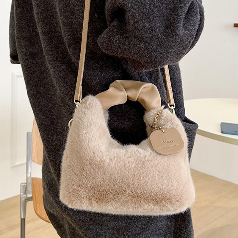 Yogodlns Women Faux Fur Plush Handbags Ruched Handle Small Lady Shoulder Crossbody Bag Casual Half-Moon Hobos Winter Bags for Women
