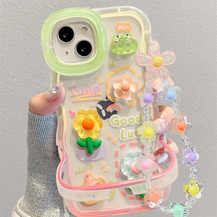 Applicable To Apple 15 Mobile Phone Case Iphone14 Rabbit Frog Flower Doll Chain 13 Wavy Edge Invisible Double Bracket