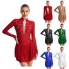 Womens Figure Skating Dress Dance Performance Competition Costume Shiny Rhinestones Mock Neck Long Sleeve Dress