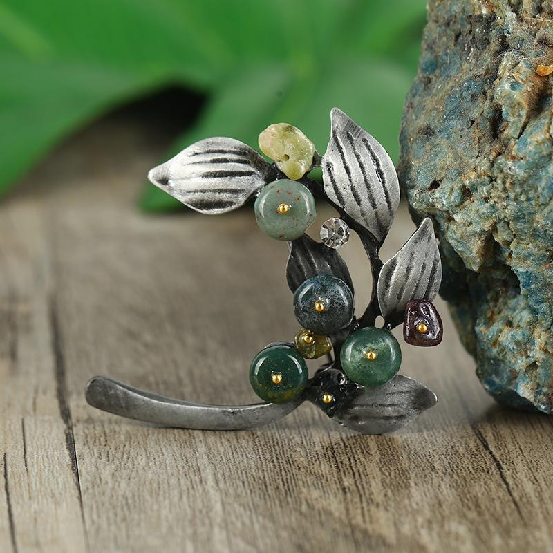 Retro Natural Agate Brooch High-end Classical Temperament Literary and Versatile Plant Pin Coat Cardigan Corsage Accessories