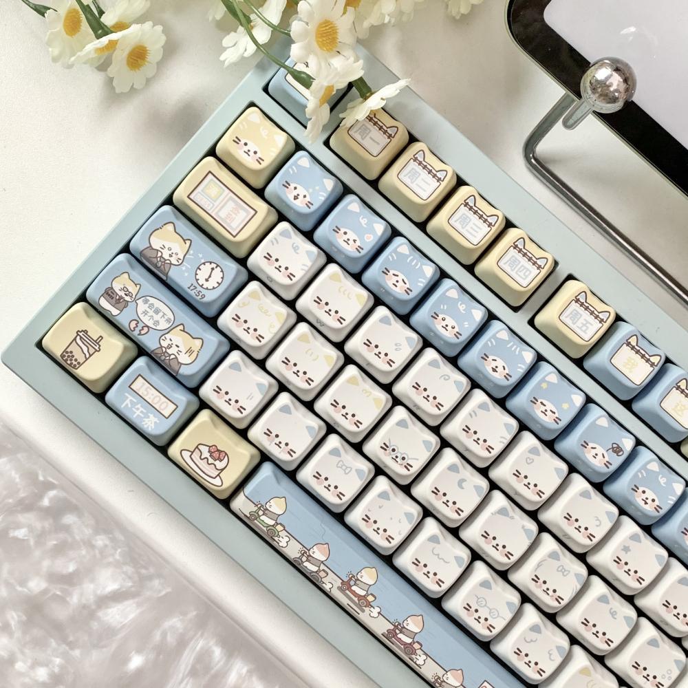 142 клавиши Mao Keycap Синий Мяу Работа Котёнок Для Механической Клавиатуры PBT Сублимация Mao Милый Мяу Кошка Набор Колпачков Клавиш