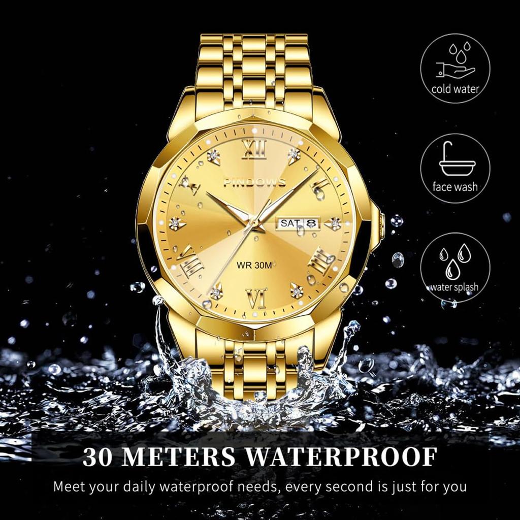 Часы PINDOWS с бриллиантами, деловые, аналоговые, кварцевые, роскошные, водонепроницаемые, с подсветкой, двухцветный браслет из нержавеющей стали, классические, модные, мужские