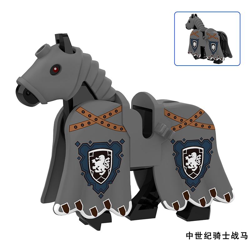 1pcs Medieval Horses Grey Bodies Blue Saddle Blankets White Horse Emblems Yellow Trims Building Block