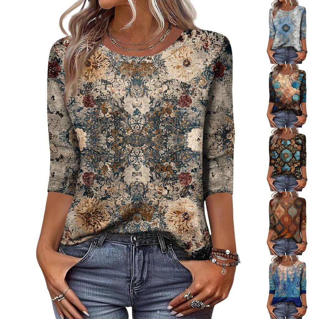 Trendy Vintage 3/4 Sleeve Top For Women,Ladies Casual Three Quarter Sleeve Round Collar Printed T-Shirt Blouse