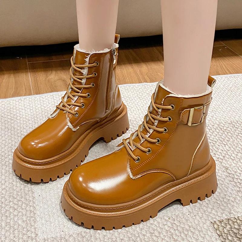 Fashion Chunky Platform Combat Boots for Women 2024 Winter Thicken Warm Plush Ankle Boots Woman Punk Thick Bottom PU Leather Botas Mujer