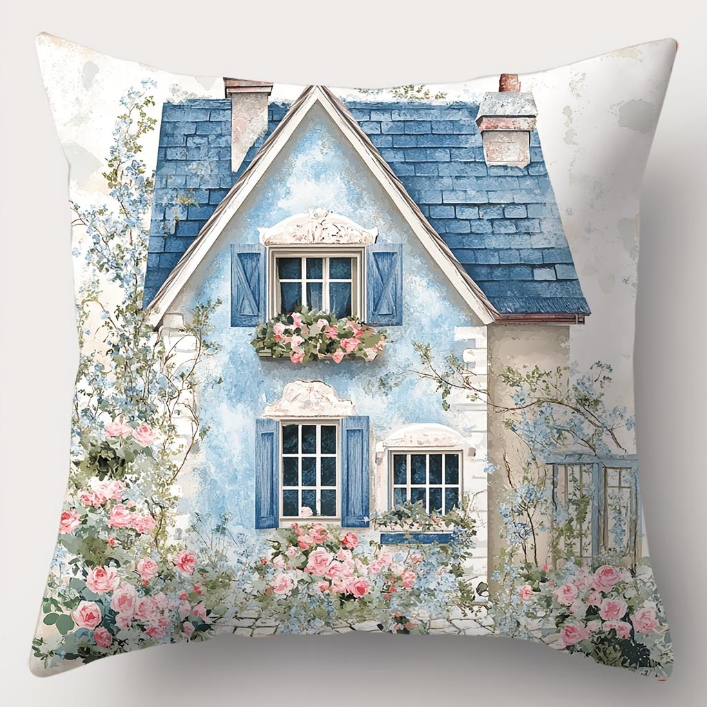 Blue Floral Patterned Cushion Covers With Cottage Scenes Polyester pillowcase, sofa decorative cushion cov Headboard Pillow
