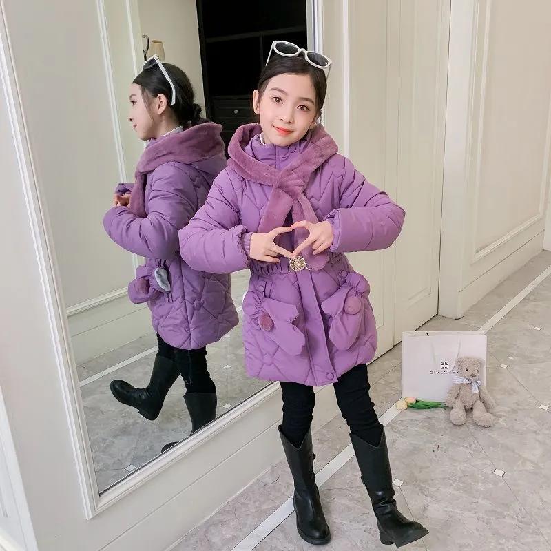 Зимняя верхняя одежда для детей среднего и большого размера, куртка для девочек с меховым воротником, сохраняющая тепло, пальто принцессы с капюшоном на молнии, верхняя одежда для девочек, детская одежда