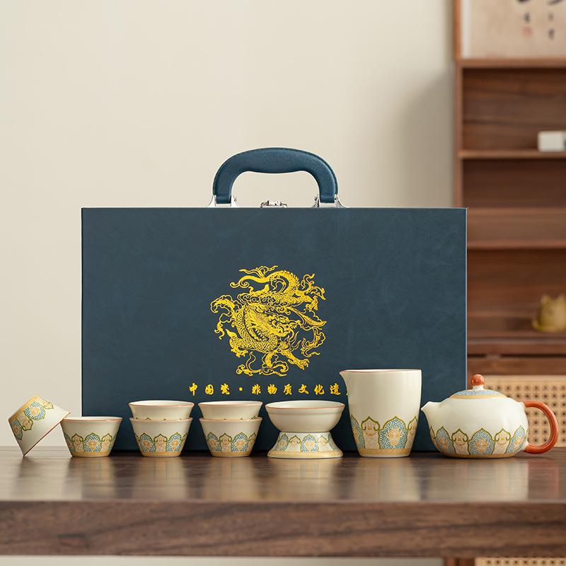 Ru Kiln Ancient Rhyme Kung Fu Tea Set Household Light Luxury High-end Ceramic Cover Bowl Teapot Teacup Complete Set High-end Gift Box