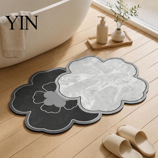 Easy Clean Shower Mat Double Flower Bath Mat, Super Absorbent Diatomaceous Earth Rug, Non-Slip Floral Water Rug Quick Dry Floor for Home Entrance
