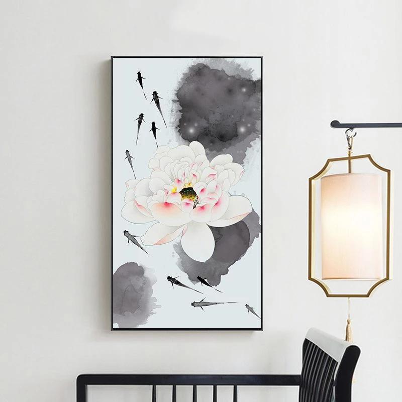 Абстрактная картина в китайском стиле с рыбой кои и лотосом, холст с принтом, плакат, фэн-шуй, настенная художественная картина для гостиной, домашнего офиса, декор