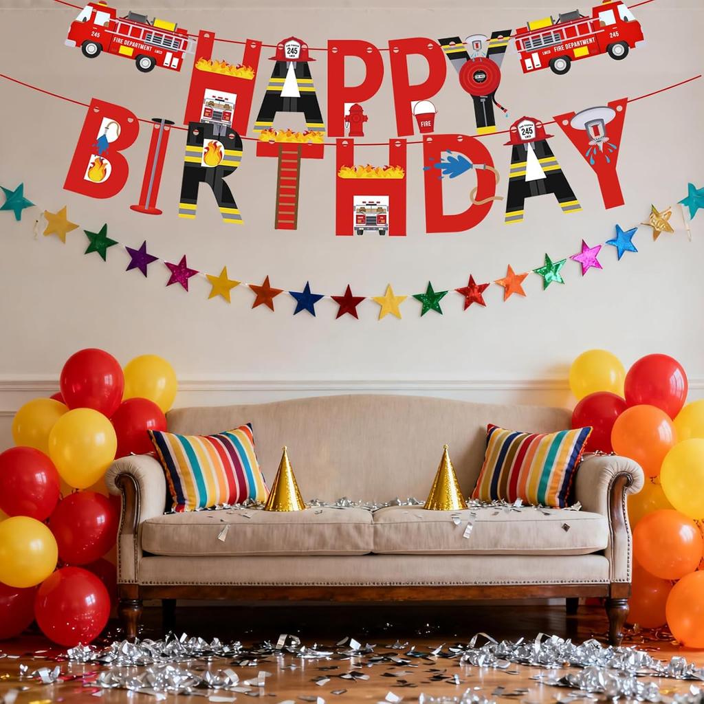 Pre-Strung Fire Truck Happy Birthday Banner Firemen Birthday Party Bunting Banner Flag for Adults Firefighter Party Sign Supplies Fire Engine Rescue