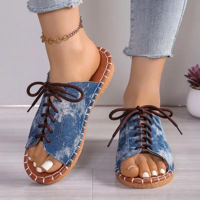 Большие размеры 2025 Лето Новые женские повседневные тапочки для улицы с открытым носком на шнуровке на низком каблуке для горячей продажи ежедневные римские сандалии