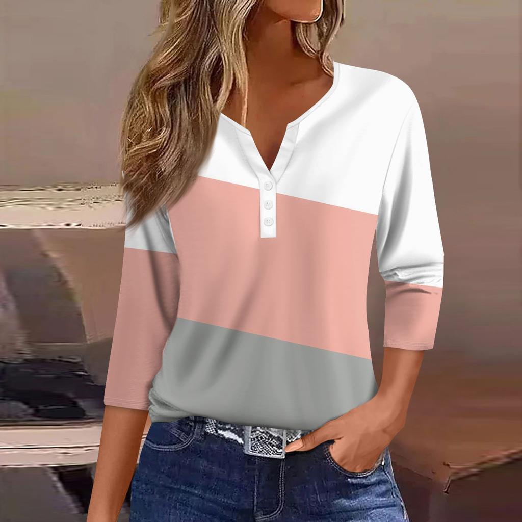 Жен. Футболка Футболка С принтом Пуговицы Рукав 3/4 Повседневные Выходные Мода Классический V-образный вырез Обычный Топ