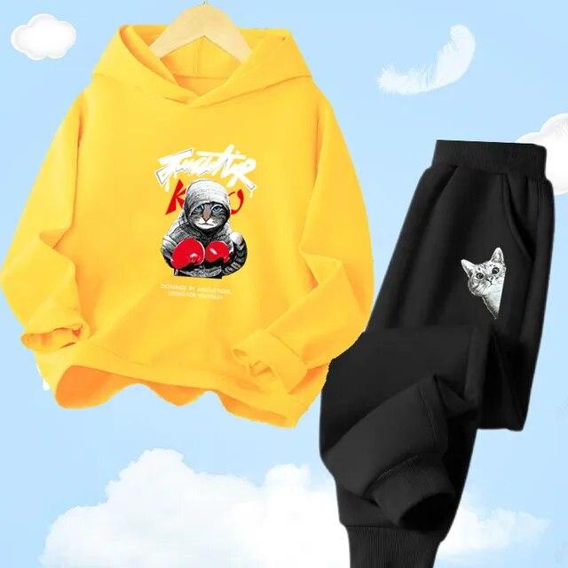 Толстовка с капюшоном + брюки для мальчиков, повседневный спортивный осенне-зимний комплект, детский комплект одежды с принтом кота и мультяшным животным
