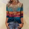 Trendy Vintage 3/4 Sleeve Top For Women ,Ladies Casual Three Quarter Sleeve Round Collar Printed T-Shirt Blouse