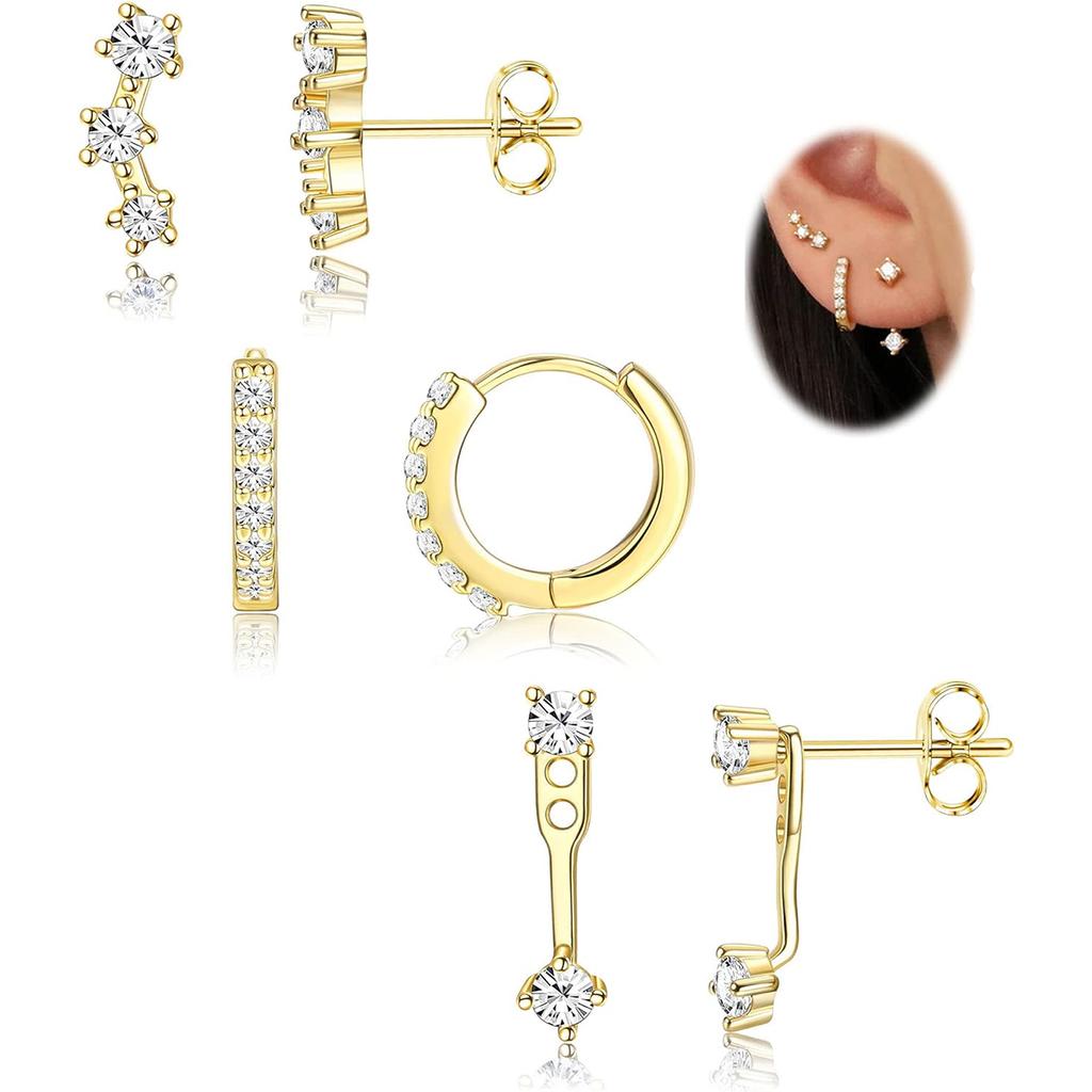 3 Pairs 316L Surgical Steel Hypoallergenic Earrings Set for Multiple Piercing Stud Huggie Small Hoop Earrings for Sensitive Ears