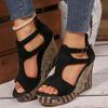 Muffin Woven Bottom Fish Mouth Sandals Women's New Large Size Thick Sole Wedge Sandals Hollow Buckle Fashion Sandals