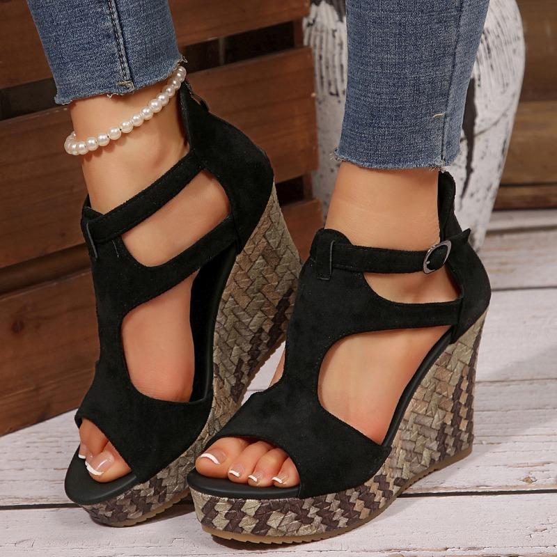 Muffin Woven Bottom Fish Mouth Sandals Women's New Large Size Thick Sole Wedge Sandals Hollow Buckle Fashion Sandals
