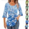 Women's Fashion Casual Pleated Round Neck Floral Print Three-Quarter Sleeve T-Shirt Top