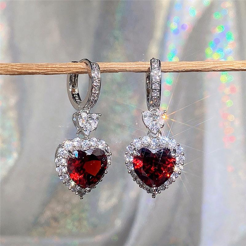 Huitan Blue/Garnet Heart Cubic Zirconia Свадебные серьги для женщин Серьги Eternity Love Аксессуары для помолвки Модные украшения