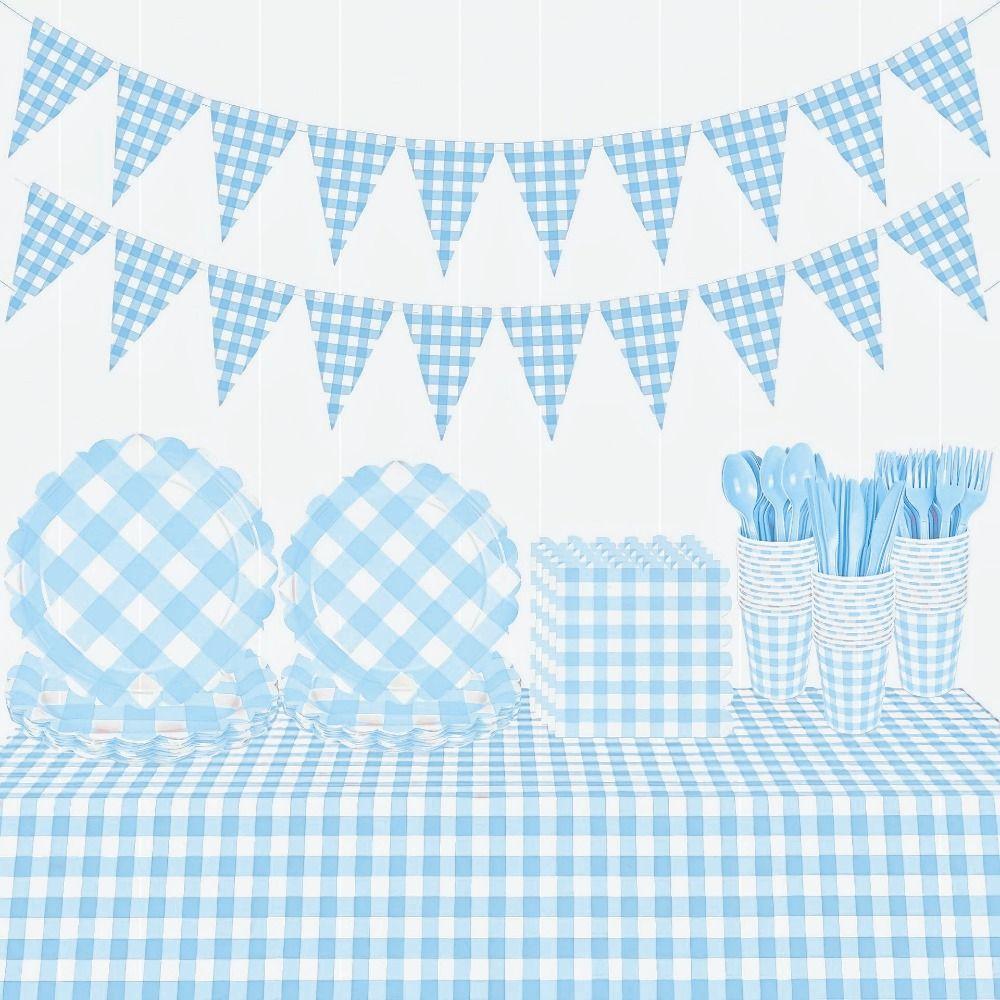 Napkin Tableware Set Blue Checkered Disposable Tableware New Party Supplies Birthday Party