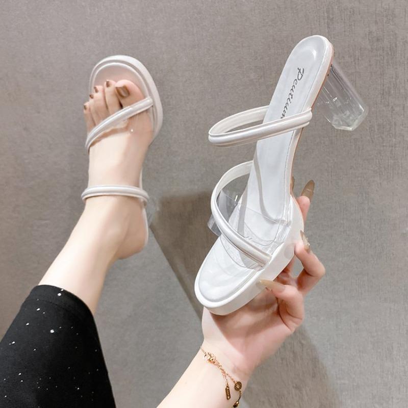 Fashion Transparent Slippers Summer Women's Shoes Square Heel Heeled Mules Luxury Slides Pantofle Jelly Flip Flops Block