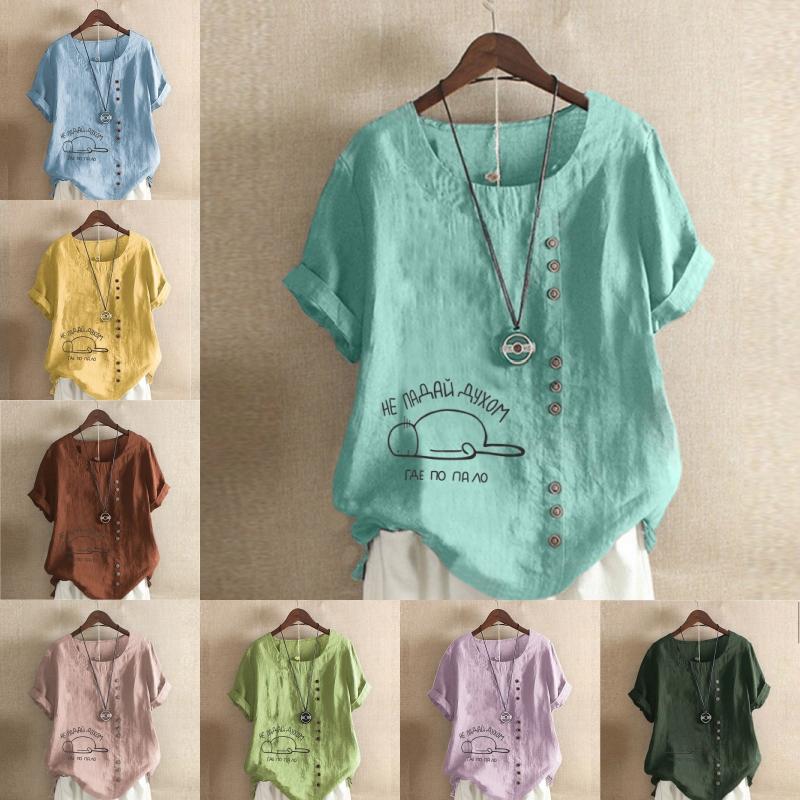 Женская мода с круглым вырезом и коротким рукавом, повседневная хлопковая льняная рубашка с рисунком, свободная летняя блузка с буквенным принтом для отдыха, топы больших размеров