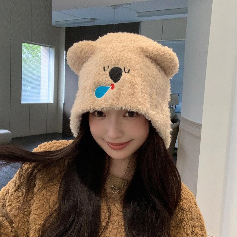 Autumn Winter Hat Women Bear Ear Protection Cap Plush Warm Knitted Wool Hat