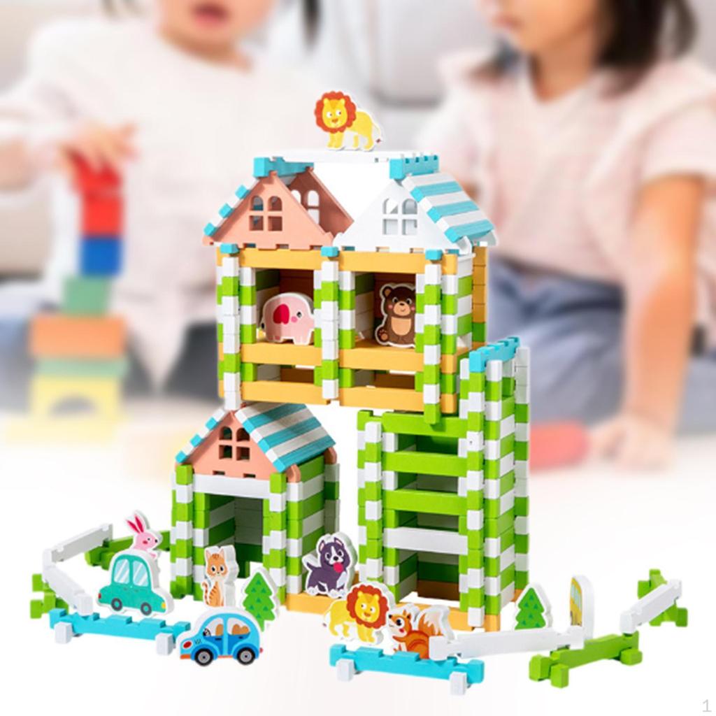 Wooden Building Blocks Set Stacking Imagination Mortise and Tenon Construction Toy DIY, House