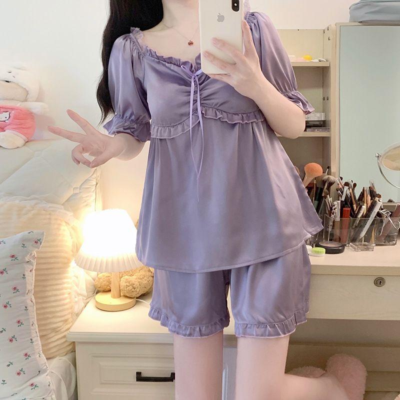 Женская пижама из ледяного шелка в сладком стиле, летний комплект домашней одежды Pure Desire с короткими рукавами