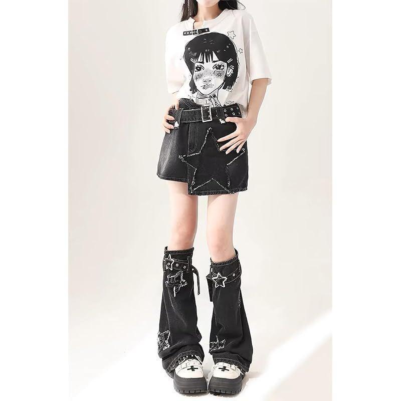 Used [New] [YEMOCILE] Harajuku Punk Leg Warmers Women's Distressed Belt Loose Socks Star Pattern Denim Leg Cover Y2K Landmine Gothic Ribbon Cute