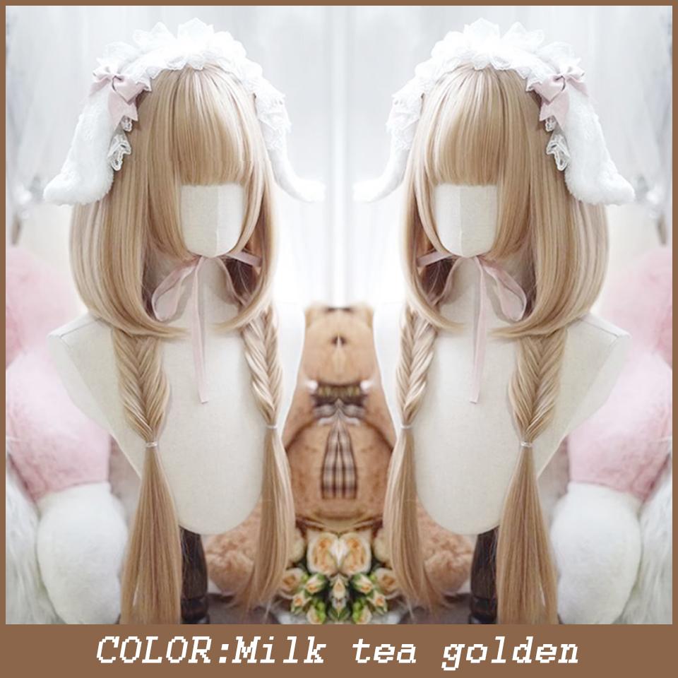 WTB Synthetic Lolita Wig Female Layered Milk Tea Blonde Long Straight Hair With Bangs Christmas Cosplay Party Wig