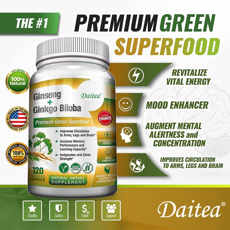 Ginsen & Ginkgo Biloba Dietary Supplement Capsules, 120 Veggie Capsules 60‑Day Supply